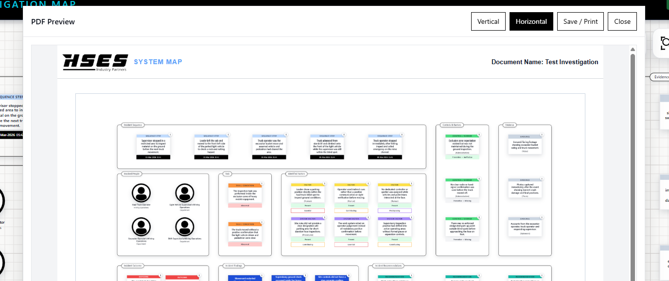 Printable PDF report export for an investigation map